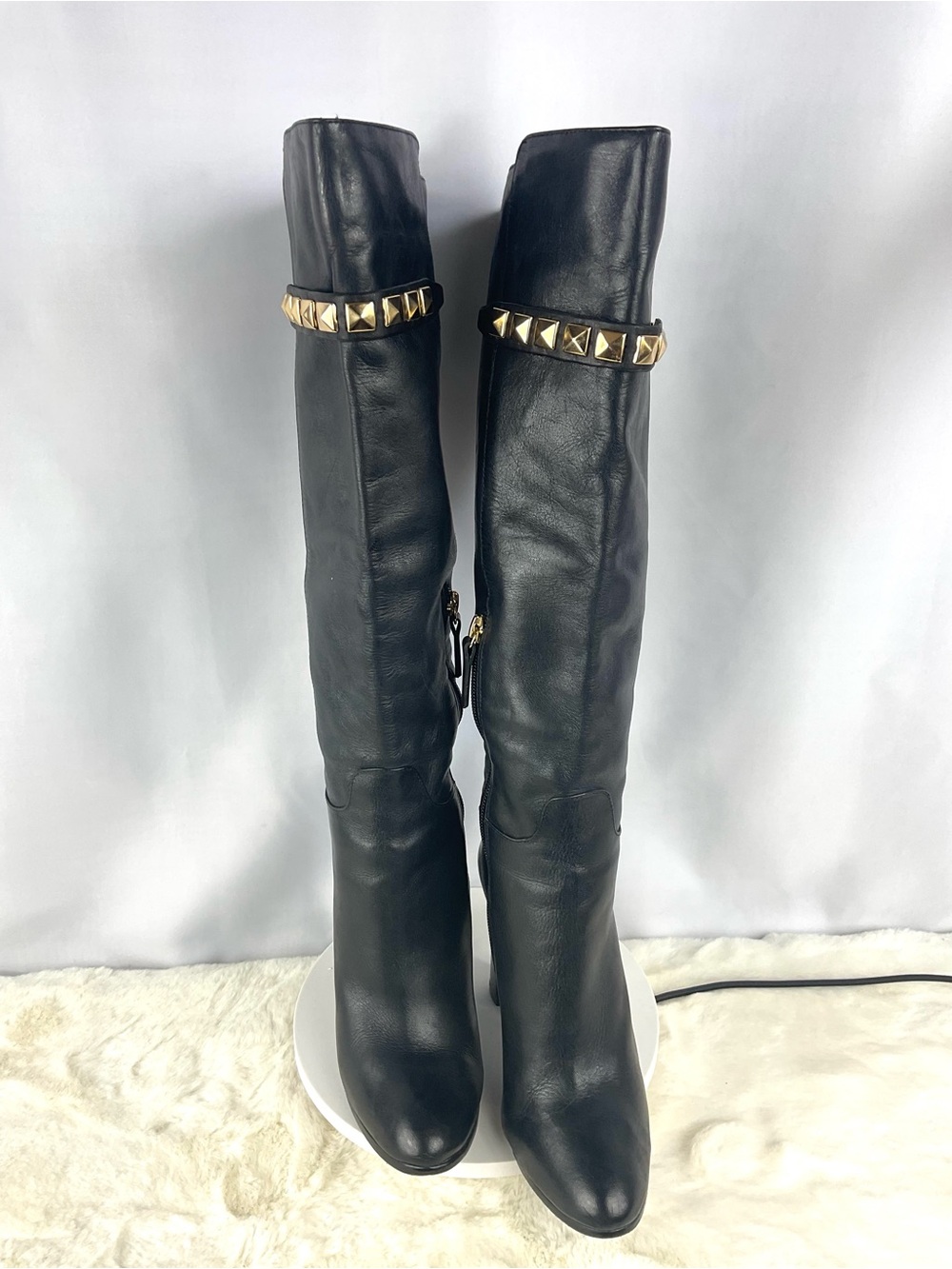 SCHUTZ Black Leather Knee High Boots Gold Studded Straps Block Heel Brazil 34